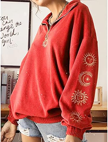 Ženski Casual duks sa patentnim zatvaračem dukserica od Sunca i Mjeseca s printom na spuštanje ovratnik Dugi rukav pulover Tunic Tops