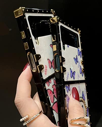 za Galaxy Z Flip 3 leptir futrola sa prstenastim postoljem za žene djevojke luksuzna kvadratna kutija dizajn Glitter Bling Mramor Meki Fancy poklopac prtljažnika za Samsung Galaxy Z Flip 3, Pink