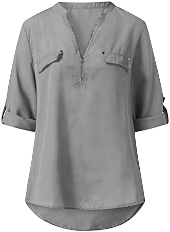 Bluza tinejdžerke kratke 1/2 rukava šifon V vrat zip up labav fit opuštena fit osnovna casual bluza za žene AG