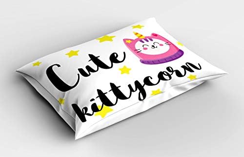Lunable Cat izreka jastuk sham, kittycorn Cursive doodle i karakter, ukrasna jastučnica sa standardnom veličinom, 26 x 20, žuta ljubičasta ružičasta i ugljena siva