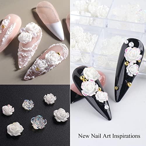 Bijelo cvijeće Nail Art dekoracije, 5D Camellia cvijet Nail Art Rhinestone, cvjetni Nail Glitter Jewels Gems dizajn za naljepnice za nokte naljepnice, žene djevojke manikir akrilni nokti zalihe smole dijamant