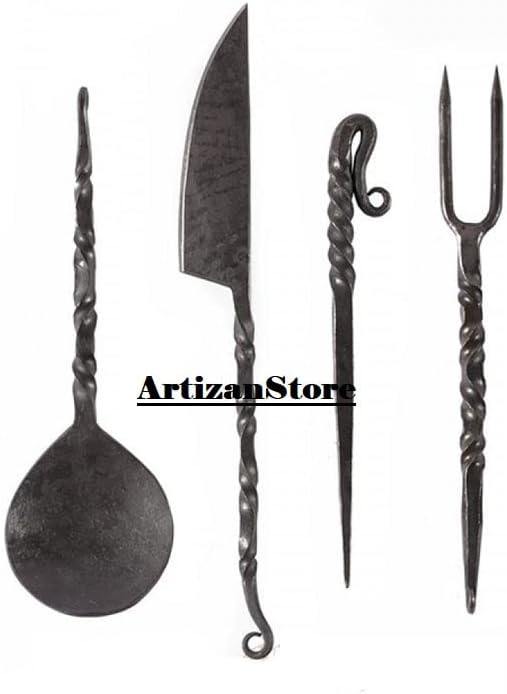 Srednjovjekovni Set pribora za jelo od gvožđa sa kožnom torbicom, kuhinja, kašika, Ražanj, viljuška, poklon nož za jelo Set posuđa, odličan poklon kao kolekcionarski