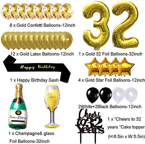 Gold 32. rođendanski ukrasi, navijači do 32 godine Banner baloni, 32. kolač za torte Rođendan, zlatne gumene folije, za 32 rođendana