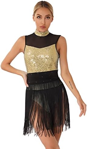 Jeeyjoo ženski prozori Leatard Tassel Fringe haljina za latino salsa Rumba ples za dale