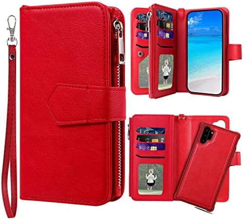 Jzases futrola za Galaxy Note 10 Plus / Galaxy Note 10 Plus 5G, 2 u 1 magnetna odvojiva udarna futrola, Flip Folio PU kožna navlaka sa utorom za kartice za Samsung Galaxy Note 10 Plus, Crvena