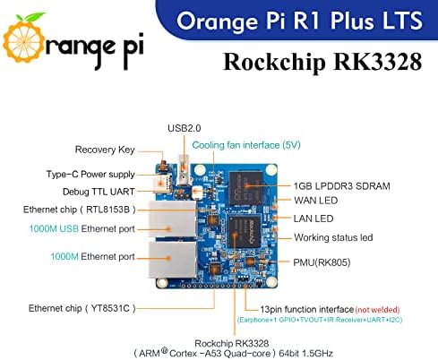 Orange PI R1 Plus LTS 1GB RAM Rockchip RK3328 Quad Core 64 bit Open Source Single Patch Computer, Mini PC MicroController Run Android,