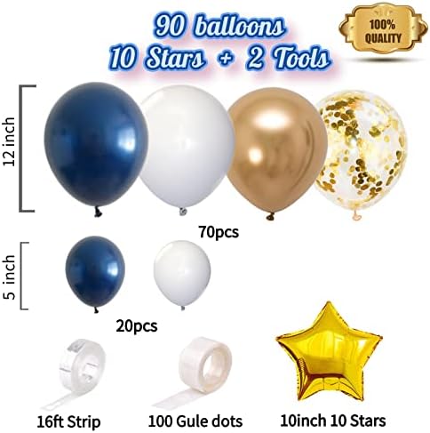 Tamnoplavi balonski Garland Kit - 100kom plavo-bijeli baloni sa zlatnim i zvjezdastim folijskim balonima-savršeno za plave zabave