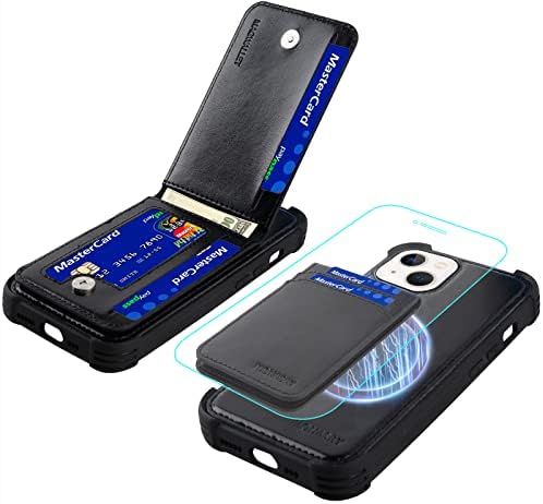 MONASAY Magwallet futrola za iPhone 13, [podržava MagSafe bežično punjenje][stakleni zaštitnik ekrana] Flip Folio magnetna kožna Navlaka za novčanik sa odvojivim držačem RFID kartice za blokiranje, Crna