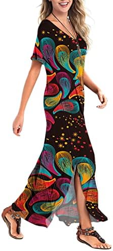 Iqka haljine za žene boemski cvjetni Print kratki rukav V izrez Split ljetni ležerni džep za trudnice Maxi duga haljina