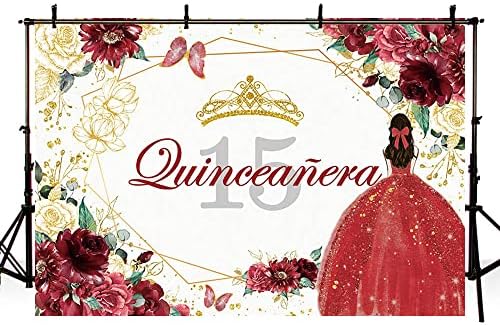 Sendy 10x7ft Quinceanera 15. rođendan pozadina za Sweet Girl Mis Quince Anos Party Dekoracije crveni i Zlatni Glitter Floral Crown