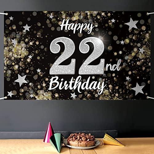 Nelbiirth sretan 22. rođendan crna & amp; Silver Star veliki Banner - živjeli 22 godina rođendan kući zid Photoprop pozadina, 22.Rođendanska