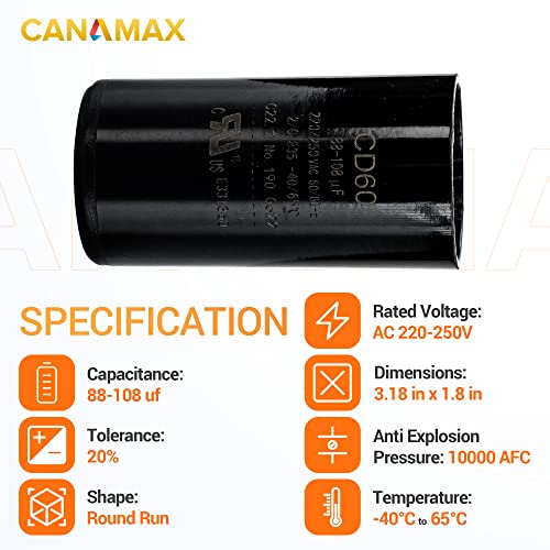 Canamax Premium 88-108 Uf mfd 220-250VAC Volts okrugli motor Start kondenzator 50/60 Hz AC električni - tačno odgovara OEM jednofaznim