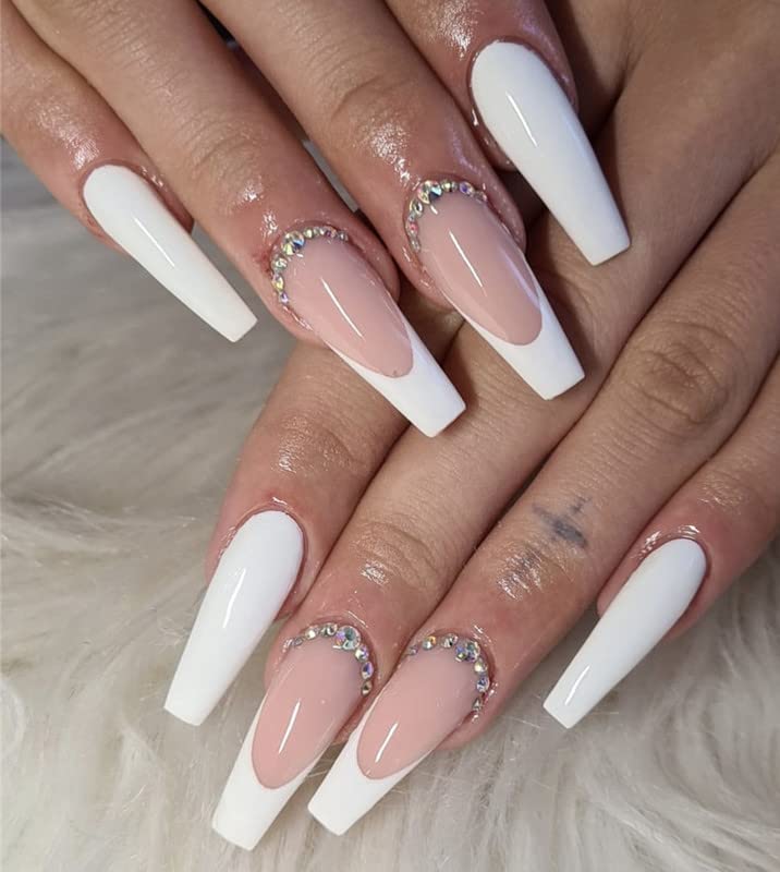 Ealga Wide White ocrtana ružičasta francuska presa na noktima sa kamenčićima, dugi kovčeg lažni nokti, ružičasta i bijela presa na