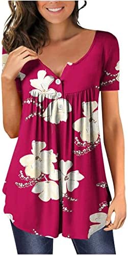 Ženski vrhovi V-izrez cvjetni ispisani Sakrij trbušni tunički ljetni casual kratki rukav labav Henley majica naborane bluze