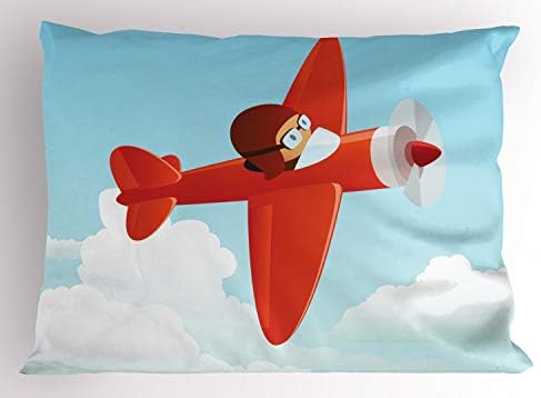 Ambesonne Plavni jastuk Sham, avion koji leti u oblačnoj nebo Little Boy pilot crtani ispis, dekorativna jastučnica za tiskanu veličinu,