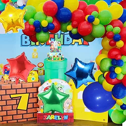 Toy Carnival Balloon Garland Kit, 112 kom plavo zeleno crveno žuti balonski luk sa balonima sa folijom za zvijezde za karnevalsku temu Video igre Rođendanska zabava duga zabava