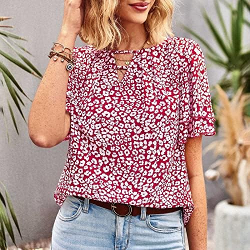 Ljetni vrhovi za žene casual ključani izrez Dvostruki sloj ruffle s kratkim rukavima T majica sa labavim fit cvjetnim print boho bluzom