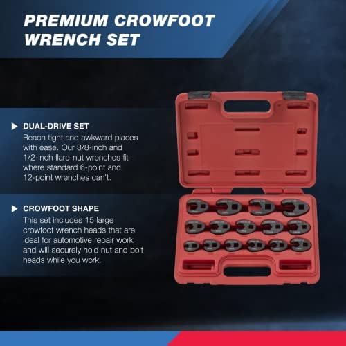Neiko 03324a Crowfoot ključ Set 1/2 i 3/8 pogon, 15 komada, Metric Crows nožni ključ veličine 8mm-24mm, hrom-Moly set ključa za Flare