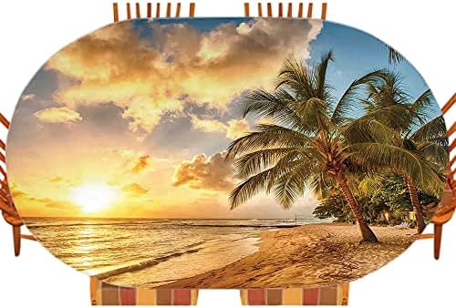 Plaža ovalna elastična oprema za stolnjak, tropska pješčana plaža s horizontom na suncu i kokosovim palmima ljetna fotografija, za