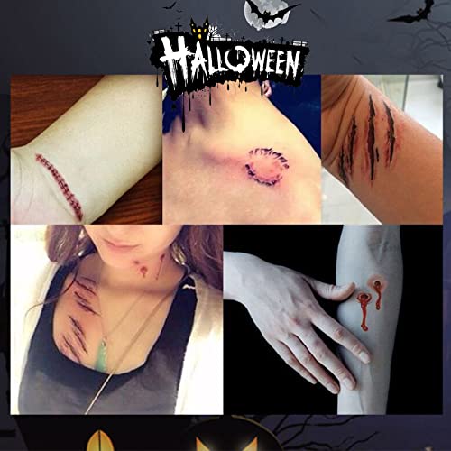 Gotgala 30 listova Halloween Tattoo naljepnice Horror Realistic Lažni krvavi ubod Stitch Scab Vodootporna privremena tetovaža za Halloween