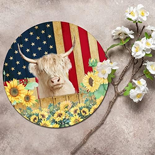 Okrugli metalni znak rustikalno drvo zrnare u američkoj zastavi smiješno farme kravlje suncokret vintage vijenac potpise Početna Sign